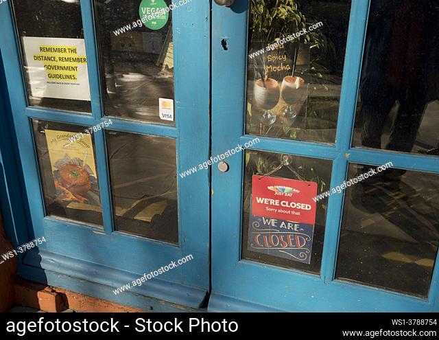 Shops in the world famous Camden Market closed, with some for sale and to let due to lockdown Covid-19/Coronavirus pandemia restrictions in London, England, UK
