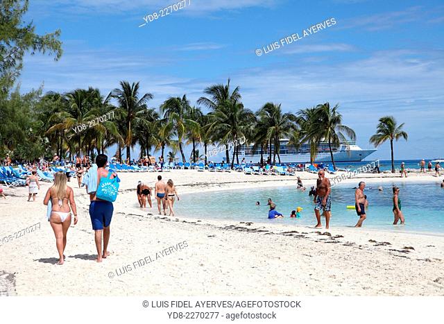Tourists enjoying on the beaches of Coco Cay, are approximately 55 miles north of Nassau in the Bahamas