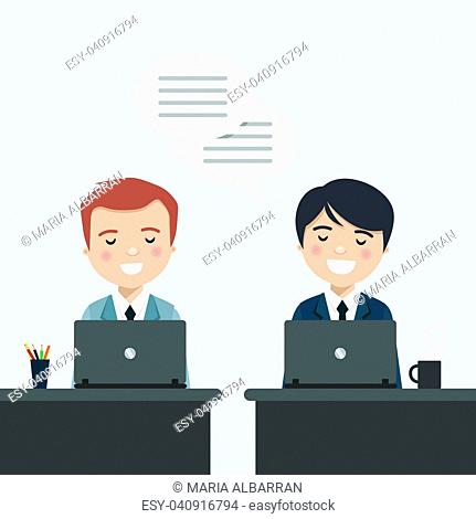 Coworkers talking about work at the office. Vector illustration