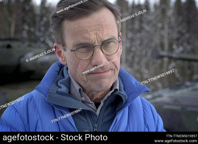 Sweden's Prime Minister Ulf Kristersson during a press conference at the Norrbotten Regiment I19 in Boden Sweden, 24 February 2023