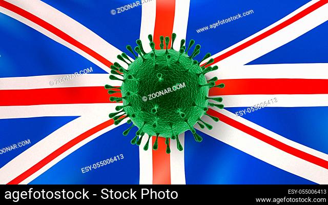 Model of Coronavirus molecule on a background of British flag. Rapid spread of Coronavirus, Covid 19 in the world. Global calamity. Quarantine concept