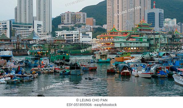 Aberdeen, Hong Kong 12 May 2019: Hong Kong fishing harbor port in the evening