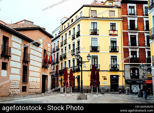 Madrid, Spain - 4th October, 2020: Picturesque view of Plaza de San Andres, Square of St. Andrew, in Latina quarter in central Madrid