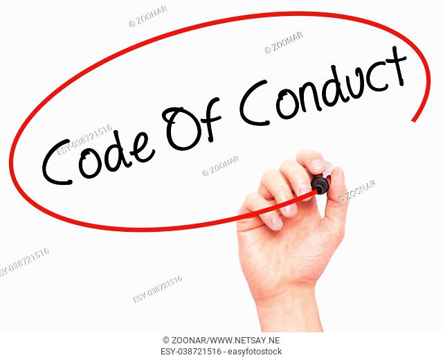 Man Hand writing Code Of Conduct with black marker on visual screen