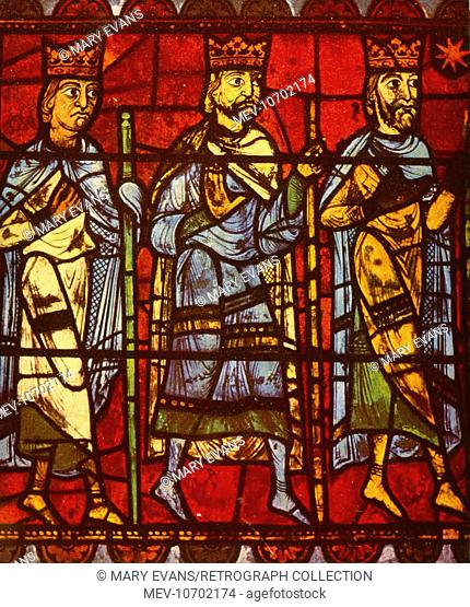 Departure of the Magi in a medieval stained glass window, Chartres Cathedral, France