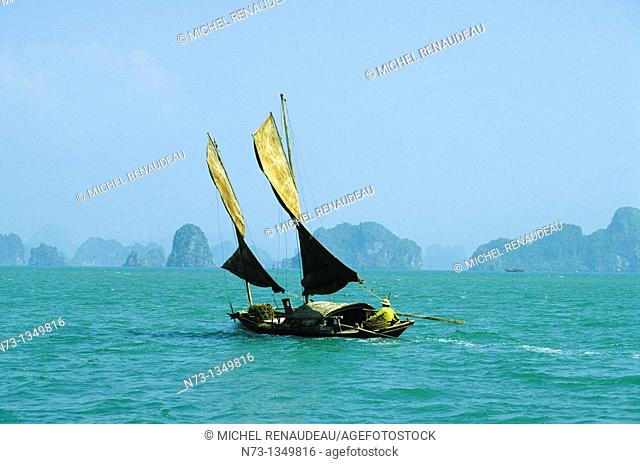 Vietnam, Halong Bay, listed as World Heritage by UNESCO, jonque traditionnelle