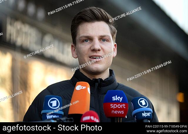 15 January 2022, Slovakia, Bratislava: Christoph Steinert, player of the German national handball team, takes part in a media appointment in front of the team...