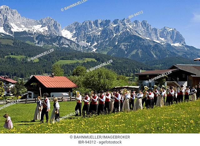 Corpus Christi Procession in Ellmau at the Wilden Kaiser near Scheffau Tyrol Austria