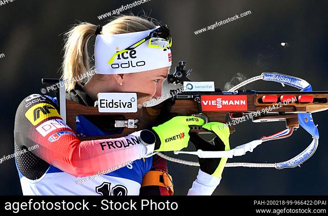 18 February 2020, Italy, Antholz: Biathlon: World Championship, 15 km singles, women. Marte Olsbu Röiseland from Norway during the shooting
