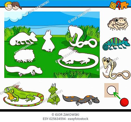 Cartoon Illustration of Educational Activity for Preschool Children with Reptile and Amphibian Animal Characters