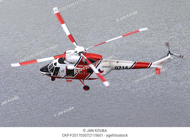 Search and Rescue System's W-3A SOKOL, multipurpose two-engine turbo-shaft rescue helicopter, during IRS exercise at Hracholusky dam, Czech Republic