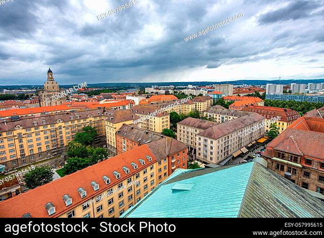 Dresden amedieval rchitecture. Aerial view from city rooftop, Germany