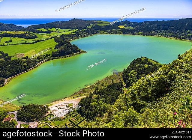 Furnas, Sao Miguel Island, Azores, Portugal - May, 2022: view on the Funas Lake
