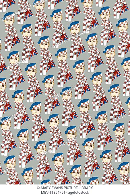 Repeating Pattern - Girl in Union Jack Flag (in grey). *PLEASE NOTE that the magnifying glass is solely to show the detail of the repeating pattern and will not...