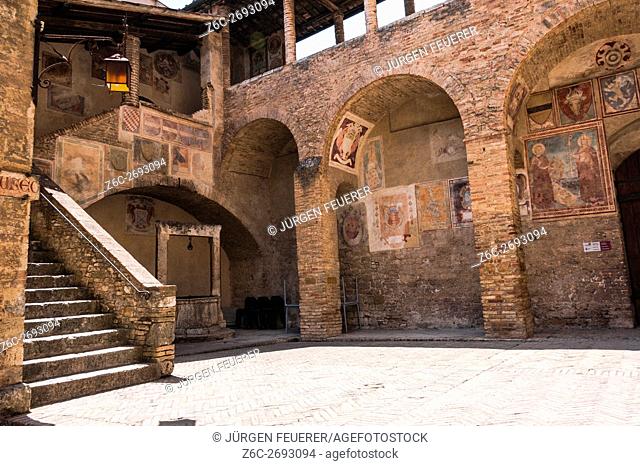 Inner court of the museum, Museo Civico, entrance to Torre Grosso, San Gimignano, Tuscany, Italy