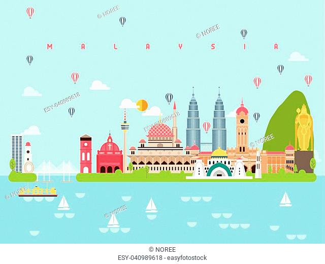 Malaysia Famous Landmarks Infographic Templates for Traveling Minimal Style and Icon, Symbol Set Vector Illustration Can be use for Poster Travel book, Postcard