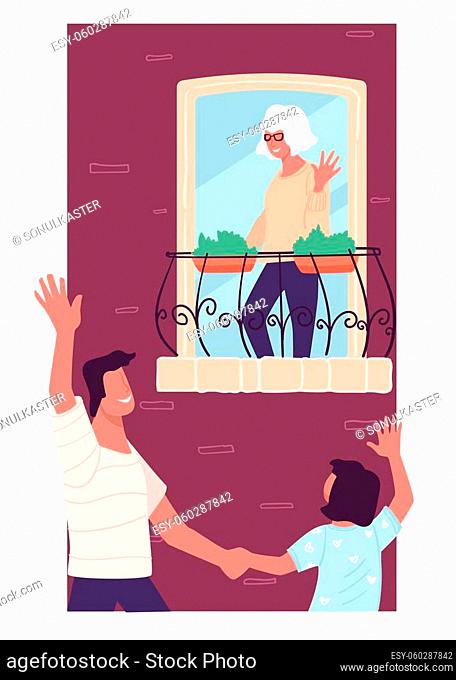Family reunion, son and daughter visiting grandmother, waving hand from balcony. Weekends activity and togetherness with close people and relatives
