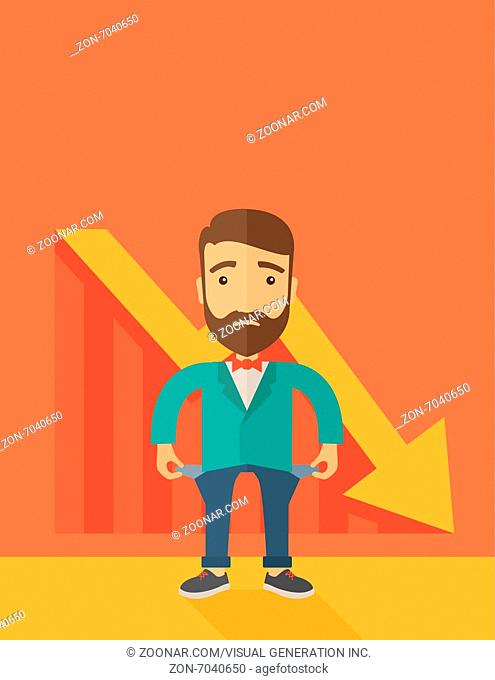 Unhappy, sad Caucasian hipster businessman with beard wearing a red bow tie standing with empty pockets. An arrow pointing downward showing that he is a failure