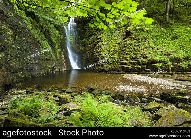 The Sgwd Einion Gam waterfall on the River Pyrddin in the Brecon Beacons National Park, Powys, Wales