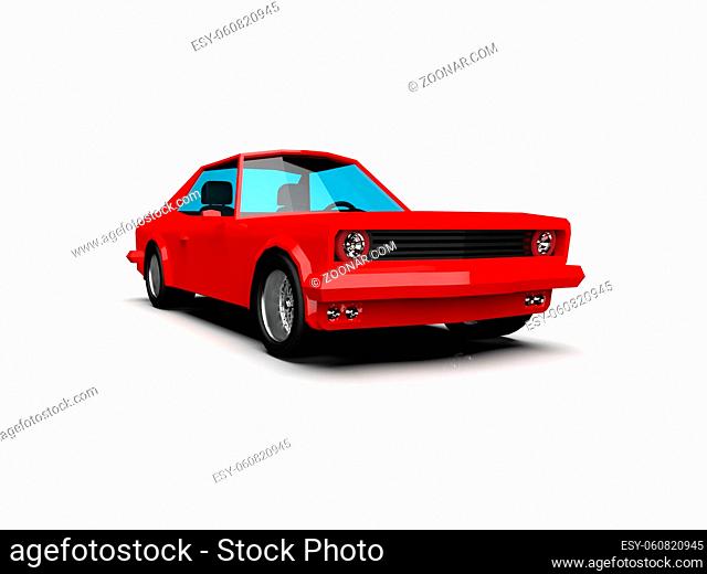 3D llustration Red Race Sport Car, Simple Coupe City Auto Icon, Low Poly Vehicle Transport Concept Isolated on White Background, Polygonal Car Coupe Symbol