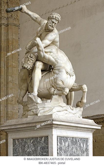 Marble statue Hercules and Nessos in the hall Loggia dei Lanzi, Piazza della Signoria, Old Town, Florence, Tuscany, Italy, Europe