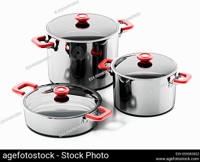 Set of steel cooking pots isolated on white background. 3D illustration