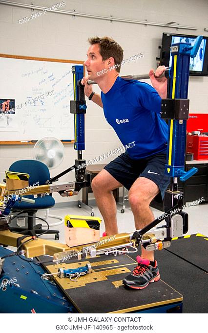European Space Agency astronaut Thomas Pesquet participates in an advanced Resistive Exercise Device (aRED) training session in the Columbia Center at NASA's...