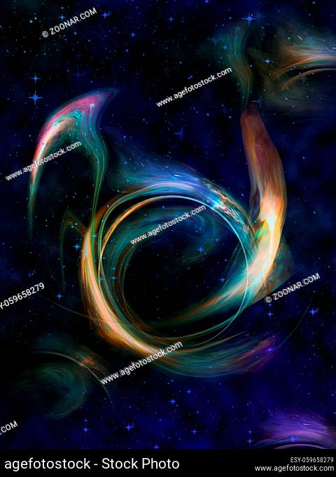 Abstract image: against a dark starry sky, a glowing multicolored cosmic vortex