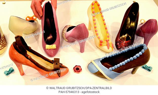 Edible high heels can be seen in the display area in Karin Finger's Goethe Chocolate Factory in Oldisleben, Germany, 10 April 2015