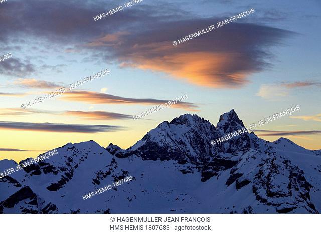 Switzerland, Canton of Valais, Arolla, Sex Quinaudox mountain (3034m) at sunrise
