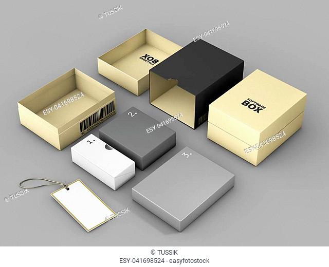3d rendering of Golden Black Box with Label Mockup, Software package concept