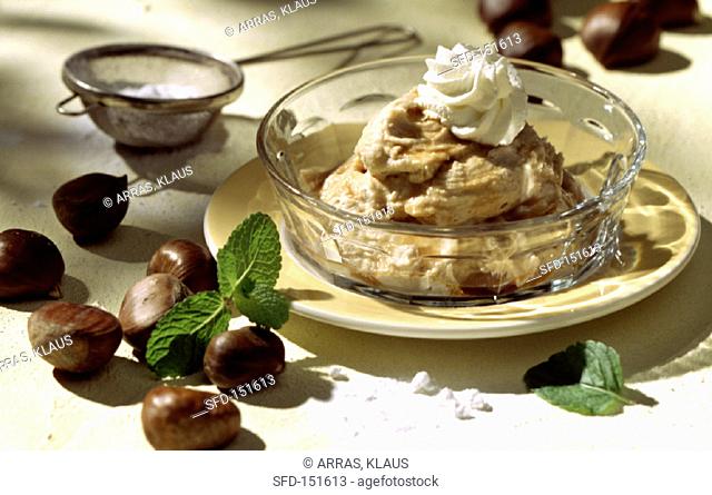 Chestnut mountain with cream topping and liqueur