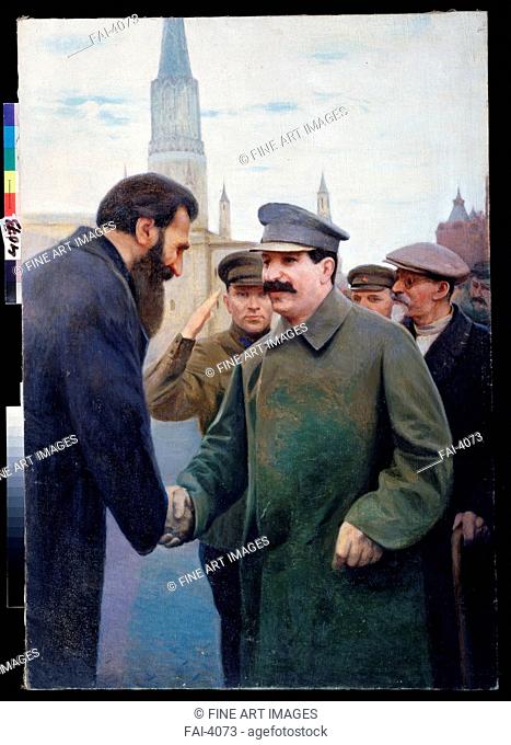 Josef Stalin and the geophysicist Otto Y. Schmidt (1891-1956). Kalinichenko, Jakov Jakovlevich (1869-1938). Oil on canvas