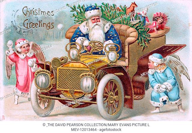 Santa Claus driving a car on a Christmas postcard, with two angels on either side throwing snowballs