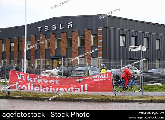 Strike signs outside Tesla's Service Center in Segeltorp outside Stockholm, Sweden on December 18, 2023. The Swedish union IF Metall is fighting the US carmaker...