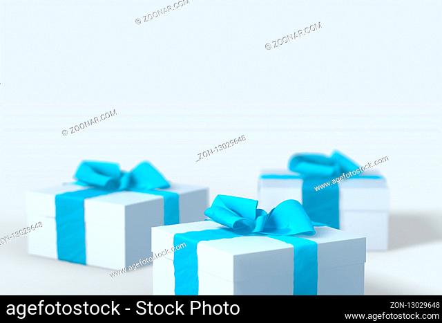 2018 Christmas New Year white gift boxes with blue bows of ribbons isolated on the white background. 3d illustration with copyspace for your text
