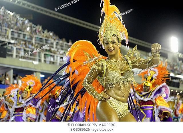 Samba dancer, parade of the Academicos do Salgueiro samba school during the Carnival in Rio de Janeiro 2013 celebrations