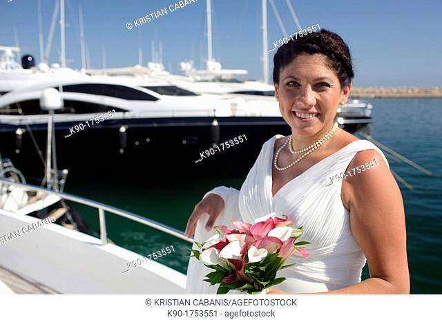 Bride, Dressed up, on the boat, Mallorca, Spain, Europe