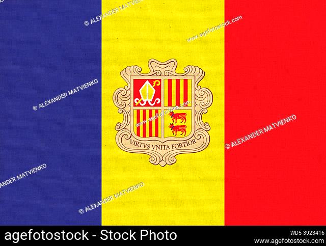 Flag of Andorra. Andorra flag on fabric surface. Andorian national flag on textured background. Andorian state flag - 3D illustration. Fabric Texture