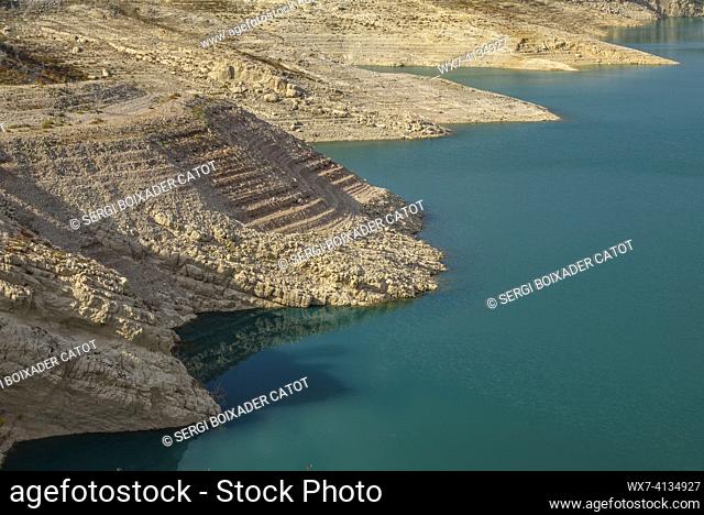 Canelles reservoir with a low water level during the 2022 drought. Seen from near the reservoir dam (La Noguera, Lleida, Catalonia, Spain)