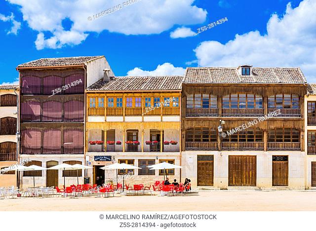 Houses with wooden balconies in the Plaza del Coso. Peñafiel, Valladolid, Castilla y león, Spain, Europe