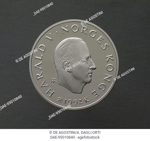 50 kroner silver coin commemorating the 1994 Winter Olympic Games in Lillehammer, issued in 1992, obverse depicting King Harald V (1937-present)
