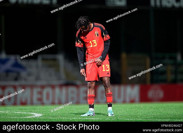Belgium's Samuel Mbangula looks dejected after the match between the U21 youth team of the Belgian national soccer team Red Devils and the U21 of Scotland