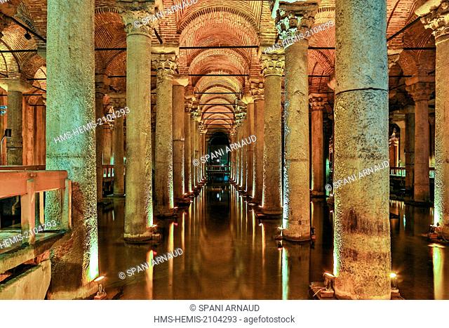 Turkey, Istanbul, historical centre listed as World Heritage by UNESCO, Yerebatan Sarayi Cistern view of the monumental columns of the illuminated underground...