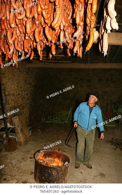 Manuel, man field. In the village of Cubilledo Villarin as in many other villages in Galicia, the sausages are made manually, Butel
