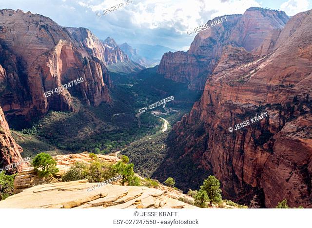 View of clouds rolling into Zion Canyon in Zion National Park