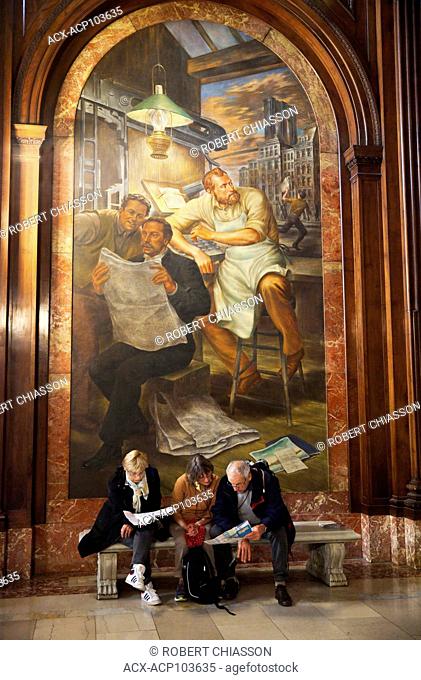 Mural by Edward Lanning depicting New York Tribune's Whitelaw Reid examining the first newspaper McGraw Rotunda in the New York Public Library, New York City