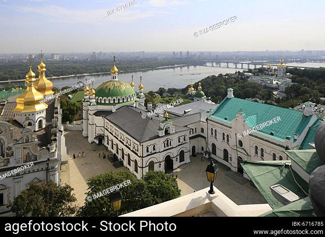 View of refectory, refectory church and Lower Lavra, in the back river Dnepr, Kiev Cave Monastery, Kiev, Ukraine, Europe