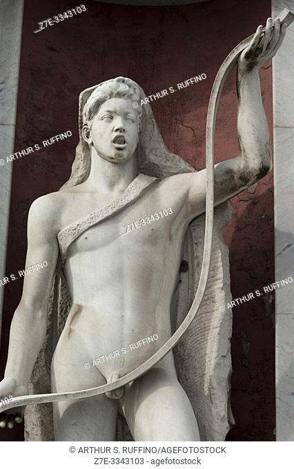 Detail of a marble statue of an athlete in a niche in the Foro Italico (sports complex). Rome, Italy, Europe