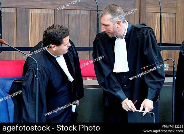 Lawyer Gregory Everaert and Lawyer Maarten Vandermeersch pictured during the first session in the trial concerning the robbery and murder of Roland Roelens